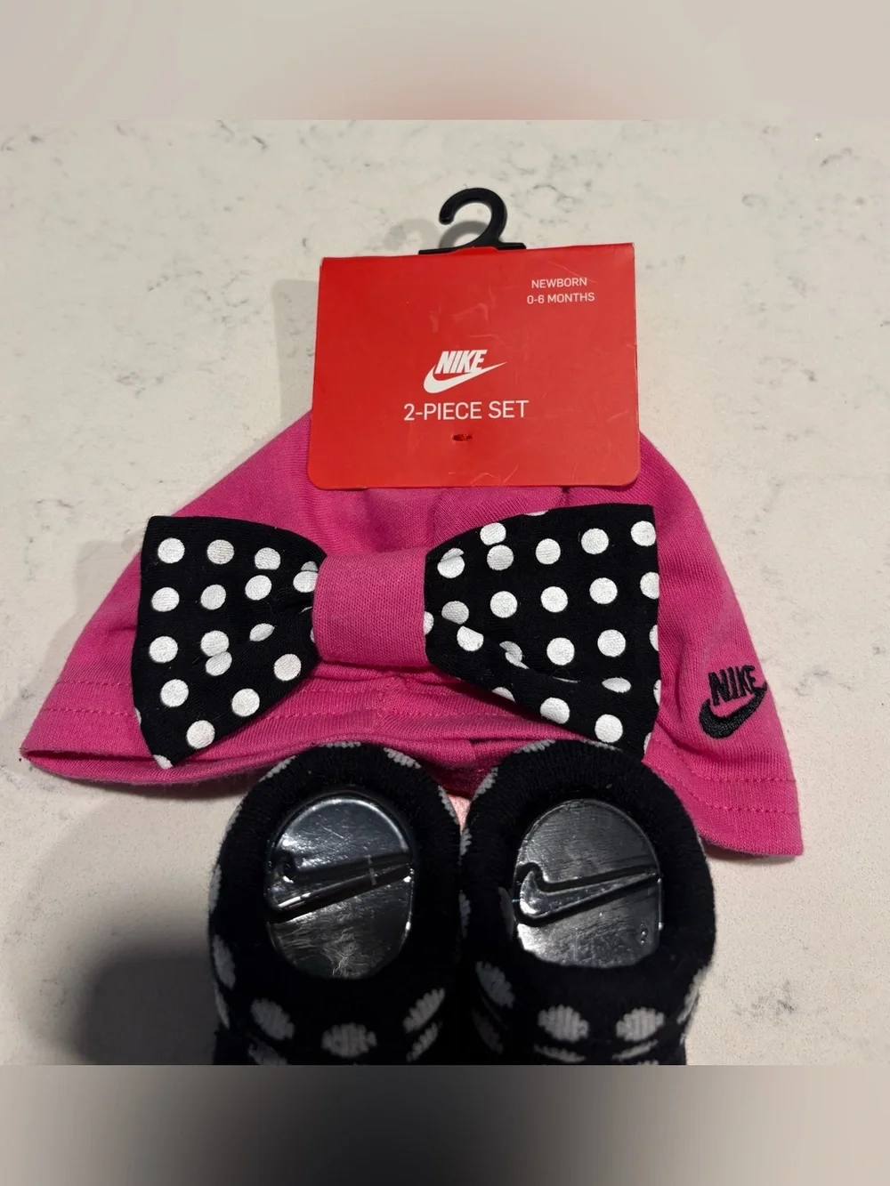Nike Pink Baby Hat & Black Polka-Dot Bow Sock Set